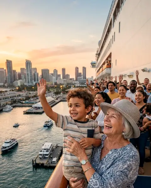 A grandmother holding her grandson as he waves to the port from the ship&rsquo;s rail at sail-away