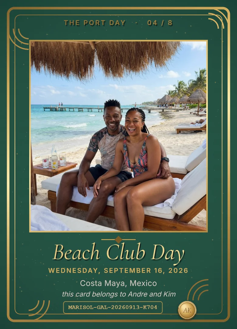 A Black couple smiling on beach loungers under a thatched palapa at a beach club, on an emerald keepsake card
