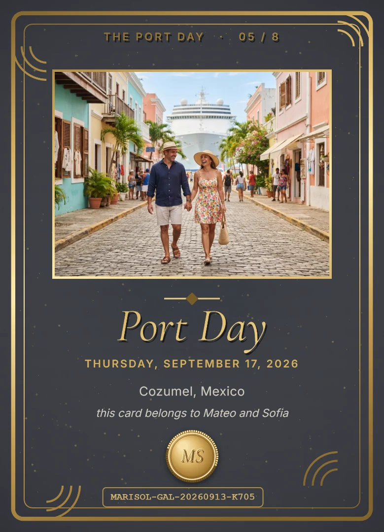 A couple in sun hats walking hand in hand down a colorful port street, on a slate keepsake card