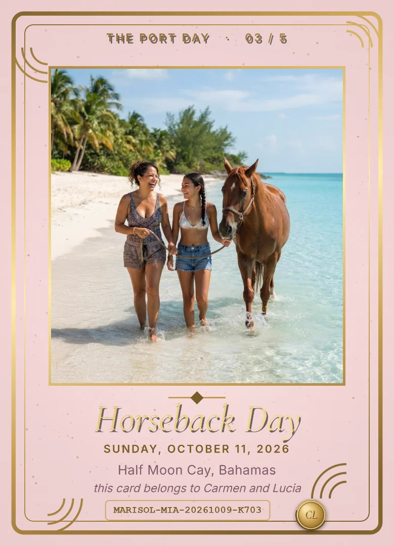 A mother and daughter laughing as they lead a horse through shallow turquoise water, on a blush pink keepsake card