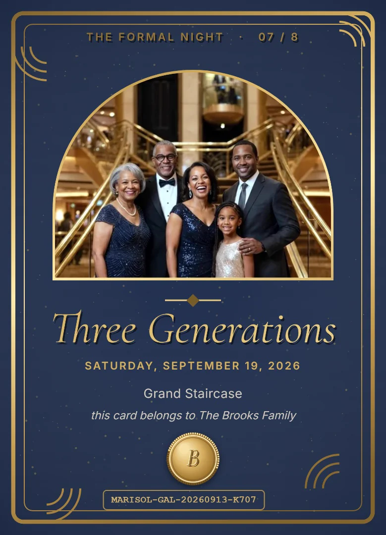 Three generations of a family in evening wear on a grand staircase, on a royal blue cruise keepsake card with an arched photo